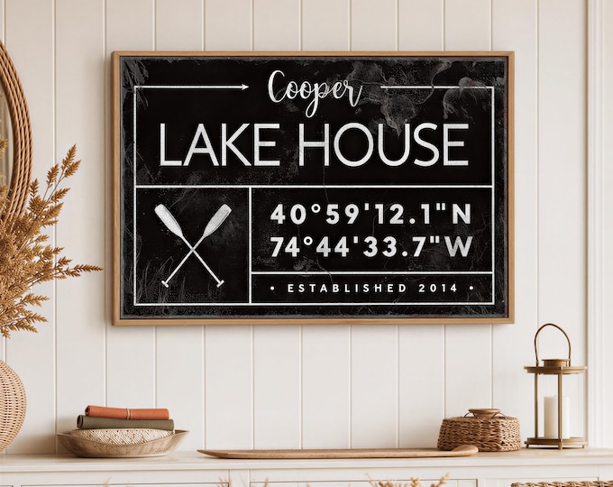 GPS Coordinates Sign: personalized lake house sign, rustic last name canvas for