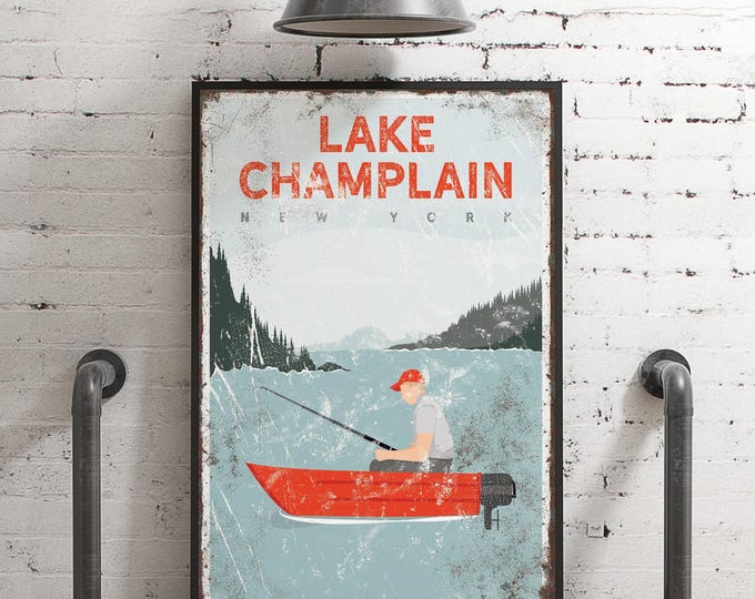 Vintage Nautical, Coastal Wall Art, Lake Champlain, Personalized Lake House Decor, Rustic Fishing Boat Canvas Print {vpl}