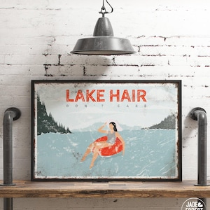 red LAKE HAIR sign, personalized lake house decor, lake tubing poster, sunbathing print for farmhouse, vintage lake decor and wall art {VPL}