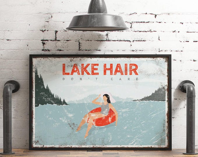 red LAKE HAIR sign, personalized lake house decor, lake tubing poster, sunbathing print for farmhouse, vintage lake decor and wall art {VPL}