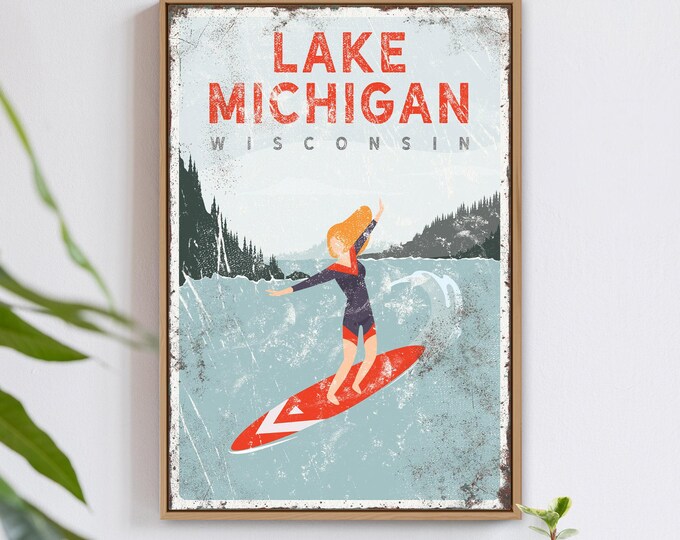 rustic lake house sign > custom lakehouse decor, vintage surfing poster, surfboard print for farmhouse (shown with Lake Michigan) {VPLSWLRR}