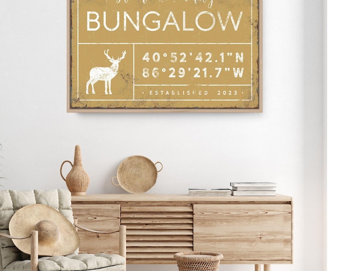 Standing stag family name sign, deer art print in mustard with coordinates