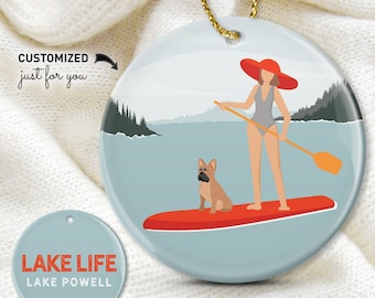 Custom Paddleboard Ornament - Frenchie Dog, Personalized Lake Text