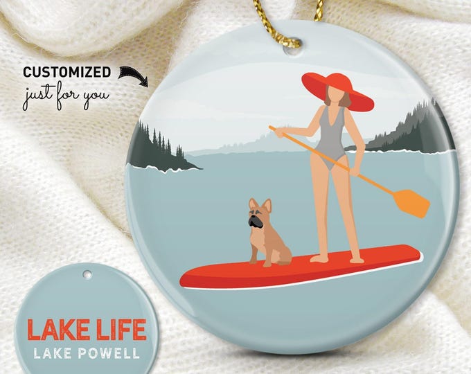 Custom Paddleboard Ornament - Frenchie Dog, Personalized Lake Text