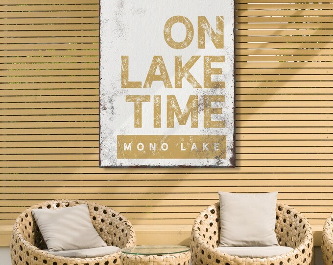 Lakehouse Wall Sign, Yellow Canvas 'On Lake Time' (Customizable Size & Frame)