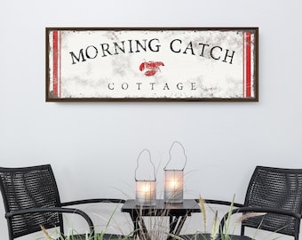Vintage Beach Sign: Lobster Graphic, Red and White Stripes