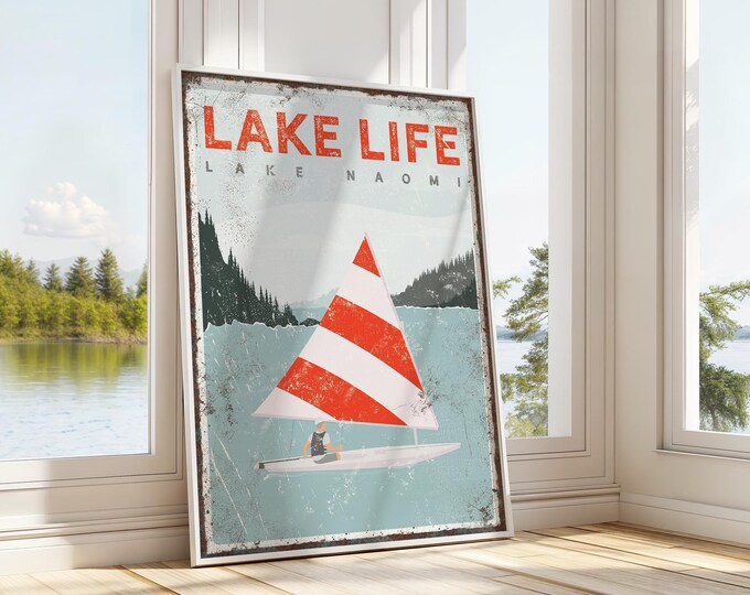 Green Lake Art, Custom Sailboat Sign, Personalized Family Name Gift, Sailing Wall Decor