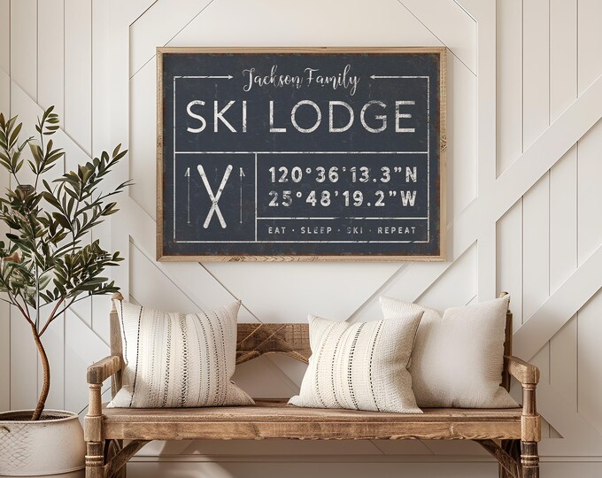 Arrow Sign Decor for Ski Lodges, Navy Family Name Wall Art with Coordinates