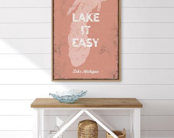 Lake Michigan Map Silhouette, Personalized Coral And White Sign, Custom Lake It Easy Gift