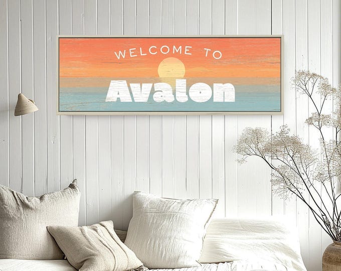 Coastal Welcome Sign for Avalon, Custom Beach Town Sunset Wall Art, Rustic Wide Canvas Print