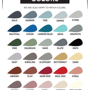 The COLORS chart for this skyline canvas displays thirty named tones including hale navy, ocean, seagrass, butternut, real red and off white.