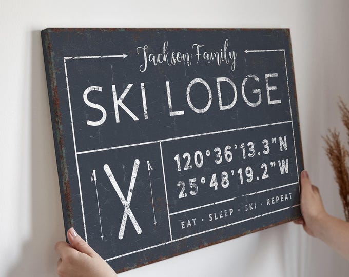 Ski Lodge Canvas Sign, Custom Family Name, Coordinates (Multiple Sizes)