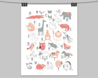 Alphabet Wall Art Print: Coral Animal Letters - Nursery Decor