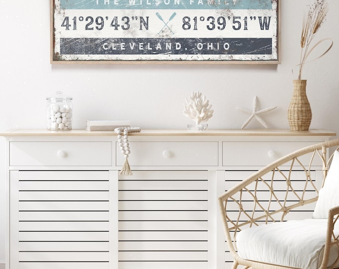 Oar Lake Sign, Navy Coordinates Art, Personalized Family Name, Custom Lake Location Gift