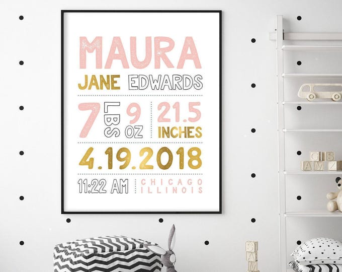 Modern Birth Stats Sign: Pink, Gold & Black Nursery Art