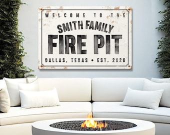Family Name Fire Pit Sign, Rustic Metal (Waterproof Patio Decor)