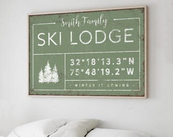 Green Ski Lodge Wall Art: Custom Family Name and Coordinates (Wood or Canvas)