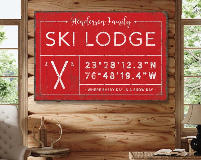 Family Name Ski Lodge Sign: Rustic Mountain Decor (Real Red shown)
