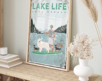 Custom Lake Sign - Man Paddleboarding with Three Dogs, Rustic Decor