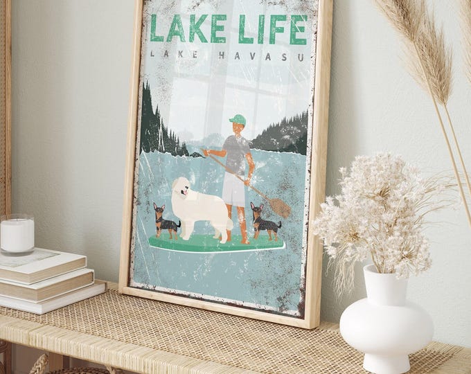 Custom Lake Sign - Man Paddleboarding with Three Dogs, Rustic Decor