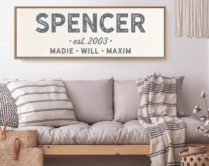 Personalized Family Name Sign: Distressed Gray Canvas with Year & Kids