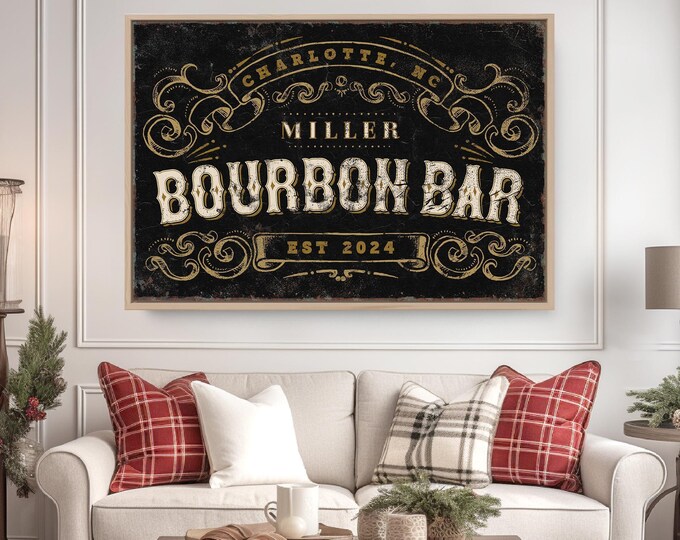 Bourbon bar beverage sign, family name, city and est year, black and gold