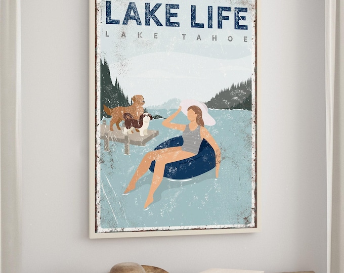 Tube Lake Sign, Navy Pale Blue Tan, Custom Lake Tahoe Family Sign