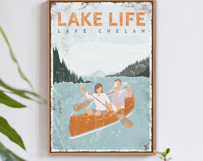 Custom Lake Sign: Lake Life Lake Chelan Couple in an Orange Canoe, Personalized Vintage Canvas