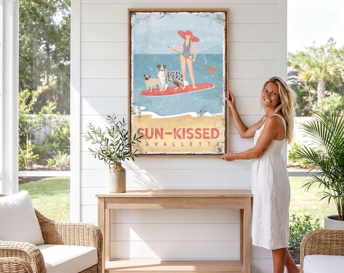 Sun Kissed Art Print with Paddleboard and Dogs, Personalized Beach Town Sign, Coastal Wall Decor