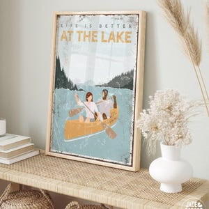 custom lake posters with a couple on a canoe, life is better AT THE LAKE sign, wall art for modern farmhouse lake house decor {vpl}
