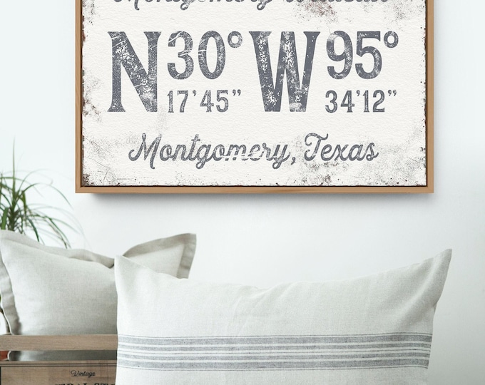 Modern Farmhouse, Family Name Sign, Rustic Last Name, Personalized Coordinates Canvas, Distressed Slate Gray Art, Custom GPS Print Gift