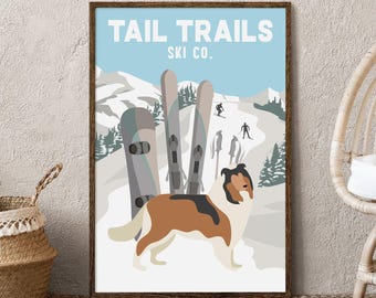 Mountain Home Decor, Tail Trails Collie with Skis, Vintage Ski Print for Dog Breed Lovers