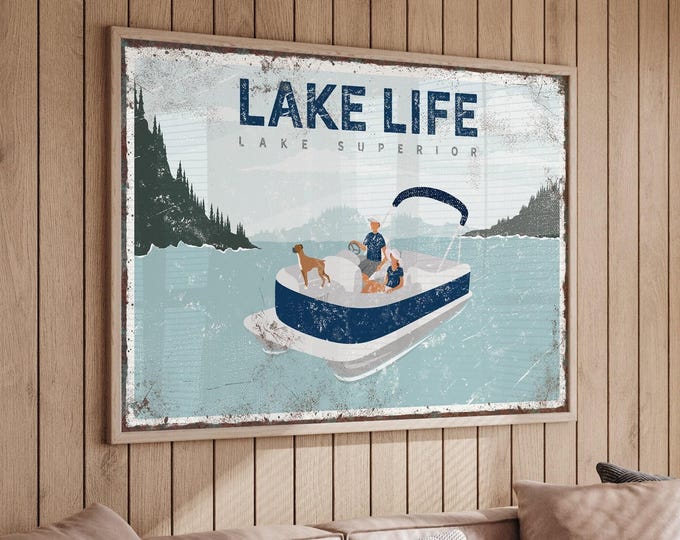 Navy LAKE LIFE Sign, Couple on Pontoon Boat with Dog (Boxer), Vintage Lake Superior Art, Large Lake Canvas Print, Vacation Home Decor {VPL}
