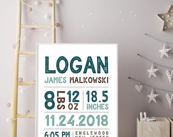Birth Announcement Wall Piece, Typographic Sign with Baby Name and Stats