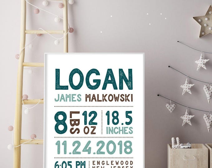 Birth Announcement Wall Piece, Typographic Sign with Baby Name and Stats