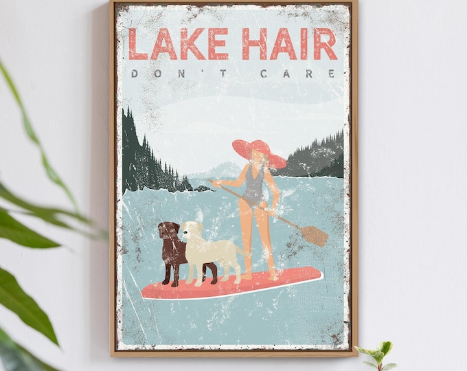 Lake House Wall Art, Paddleboarding Woman with Dogs (Personalized Poster)