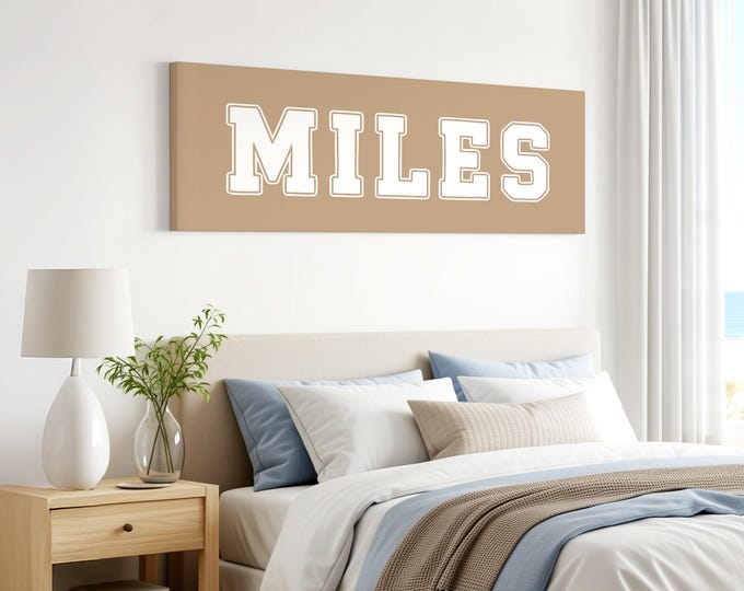 Block letter art name sign in latte beige, custom varsity lettering