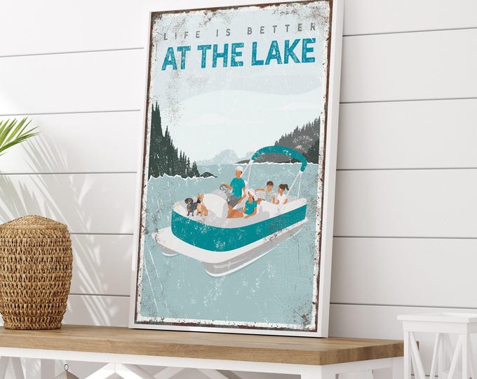 Family Lake Sign, Teal Pontoon Boat Wall Art, Personalized Lake House Decor for Boat Owners