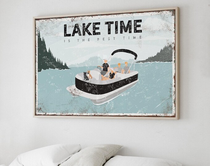 Boat Lake Sign, Family Lake Time Art, Pale Blue Teal Black Cream, Personalized Family Gift