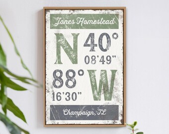 Custom gps coordinate art, personalized homestead sign with city and state