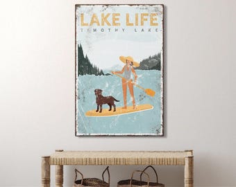 Personalized Lake Life Sign: Paddleboard and Chocolate Lab Art