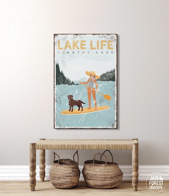 Personalized Lake Life Sign: Paddleboard and Chocolate Lab Art