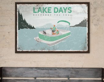 Lake Days Canvas Print: Mint Couple Pontoon Scene (Personalized Text)
