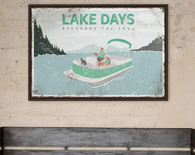 Lake Days Canvas Print: Mint Couple Pontoon Scene (Personalized Text)