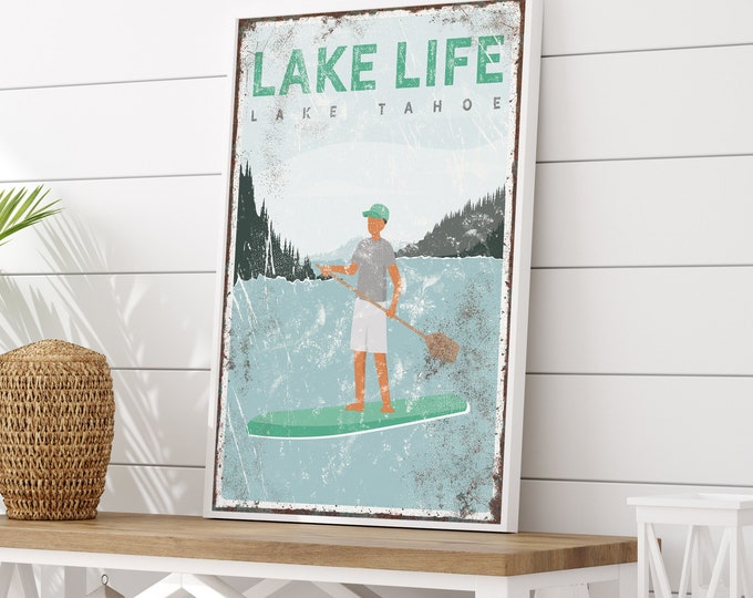 vintage LAKE LIFE sign, personalized PADDLEBOARD poster, retro Lake Tahoe canvas print, mint lake decor, custom lake name and text {vpl}