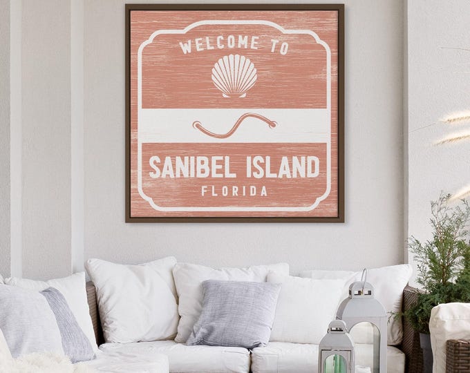 Retro Coral Beach Badge Sign: Custom Sanibel Island Wall Art
