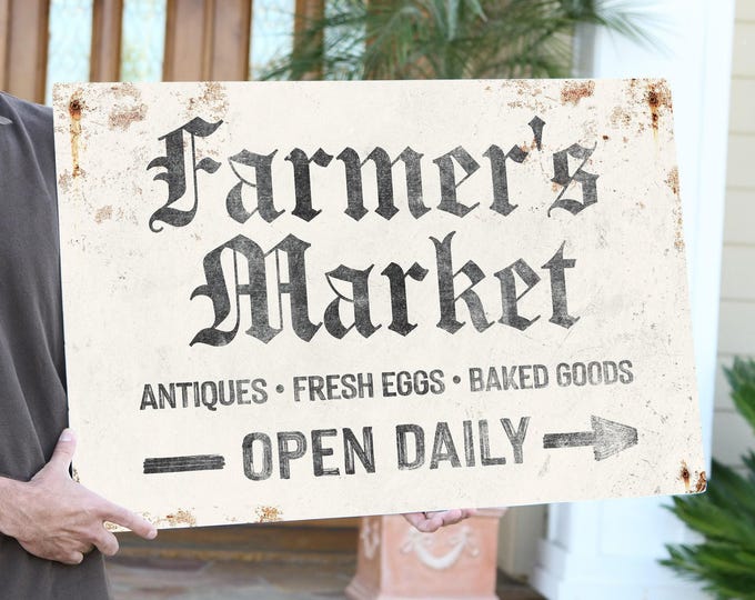 Vintage farmer sign for a farmhouse kitchen, farmers market wall art with arrow