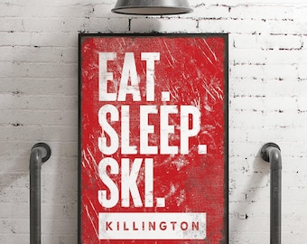 Eat Sleep Ski Sign: Custom Mountain Name, Rustic Red Decor
