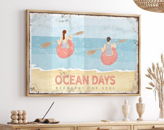 Vintage Beach Poster with Couple Kayaking, Custom Text and Water Sports, Ocean Days Recharge the Day Sign, Pink Beach House Decor {VPB}
