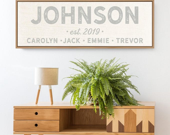 rustic LAST NAME canvas, distressed farmhouse sign, custom name & year established + kids names, shabby chic boho wall art print {s}
